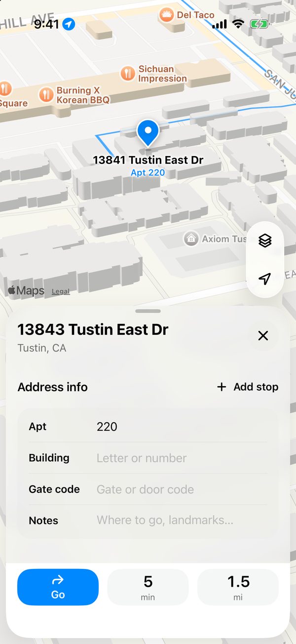 Spot pinning apartment 220's building at 13841 Tustin East Dr